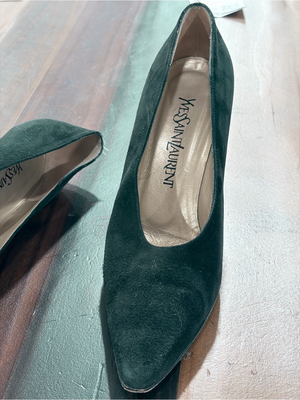 Yves Saint Laurent Black Suede Pointed Pumps with Gold Lining - Picture 5 of 5